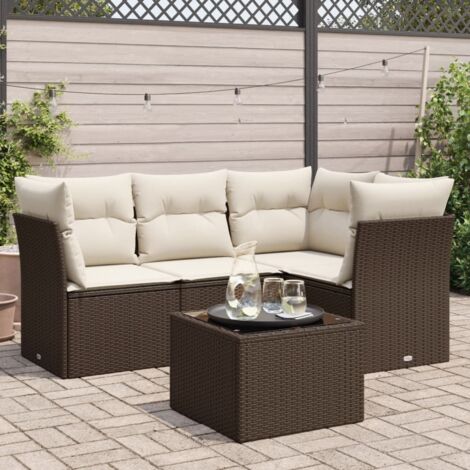 Ensemble canapé jardin modulaire 5 places en résine tressée marron avec table verre et coussins amovibles (1/3)