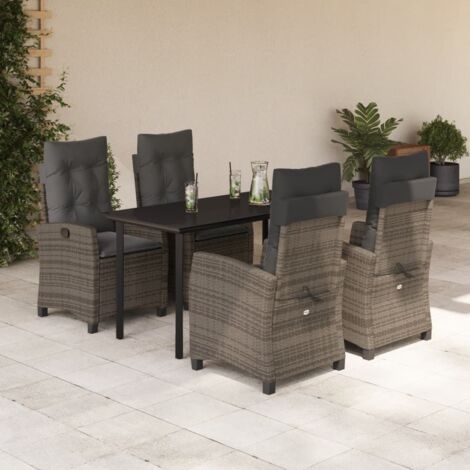 Ensemble de Jardin 5 Places avec Coussins Gris en Résine Tressée - Table Verre Trempé 140x70 cm et Chaises Inclinables (1/5)