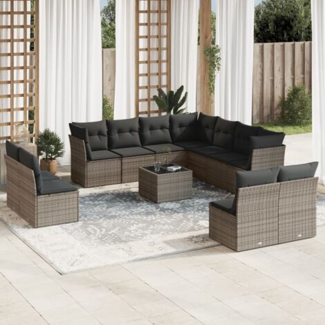 Salon de Jardin en Résine Tressée 12 Pièces avec Coussins Gris - Ensemble Modulaire pour Terrasse (1/3)