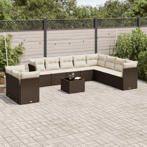 Ensemble de jardin en résine tressée marron 11 pcs avec coussins blancs, table en verre trempé (1/3)