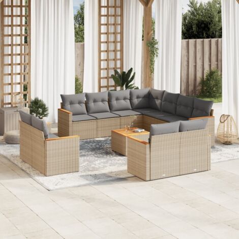 Ensemble Salon de Jardin 12 Places en Résine Tressée Beige avec Coussins Gris, Table en Acacia et Fonction Rangement Modulaire (1/3)