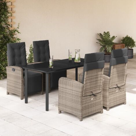 Ensemble de Jardin 5 Pièces Gris avec Coussins, Résine Tressée, Table en Verre, Chaises Inclinables, Dimensions 160x80 cm (1/5)