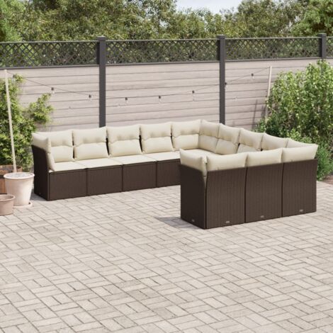 Salon de jardin modulaire 11 pièces en résine tressée marron avec coussins blanc crème amovibles et housses de rangement (1/3)