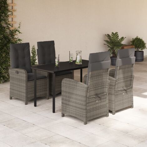 Ensemble de Jardin 5 Pièces en Résine Tressée Gris avec Table Verre et 4 Chaises Inclinables avec Coussins (1/5)