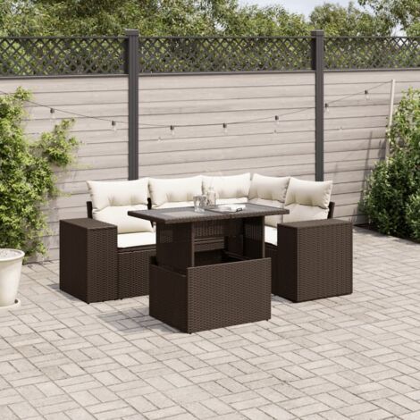 Salon de Jardin 5 Places Marron Résine Tressée avec Coussins Blanc Crème et Table Réglable (1/5)