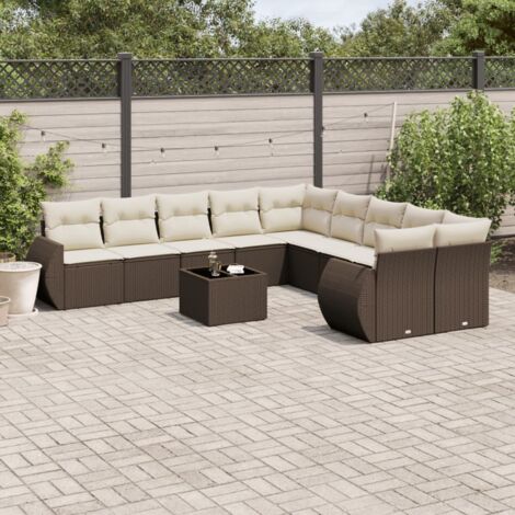 Ensemble de Salon de Jardin en Résine Tressée Marron, 11 Pièces avec Coussins et Table en Verre (1/3)
