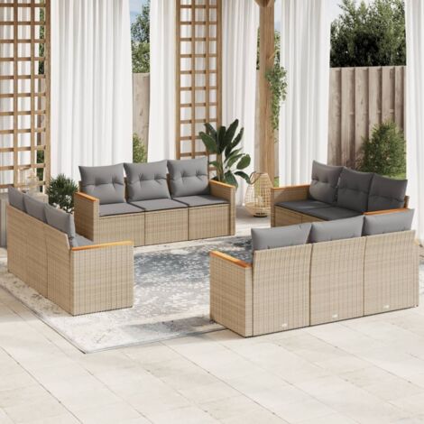 Canapé de Jardin 12 Places en Résine Tressée Beige avec Housse de Rangement et Accoudoirs en Acacia - Ensemble Modulaire avec Coussins Gris (1/3)