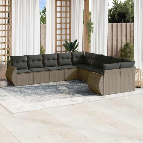 Ensemble de salon de jardin modulaire en résine tressée gris clair avec 10 coussins - 10 pièces (2 sièges d'angle, 6 centraux, 2 canapés) (1/5)