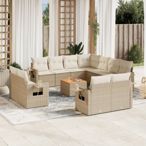 Ensemble salon de jardin modulaire 12 places en résine tressée beige, coussins crème amovibles, table acacia, 11 pièces (1/5)
