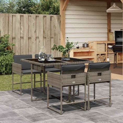 Ensemble de Table de Jardin 5 Pièces en Résine Tressée Gris avec Coussins et Verre Trempé 110x106cm (1/5)