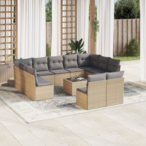 Ensemble de jardin 12 places en résine tressée beige avec table en verre, coussins gris lavables et rangements intégrés (1/3)