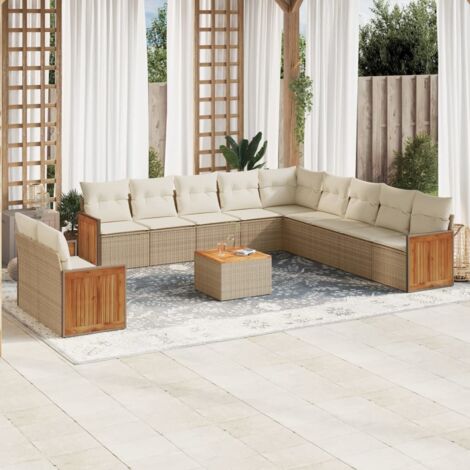 Ensemble de jardin en résine tressée beige 12 places avec table, coussins et rangement (1/3)