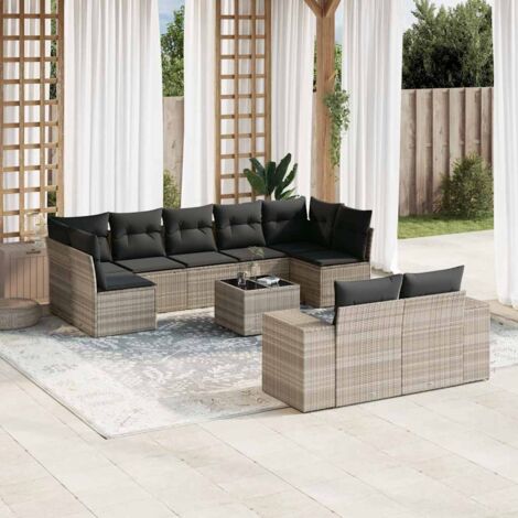Ensemble salon de jardin modulaire 10 places en résine tressée gris clair avec table verre et coussins lavables (1/5)