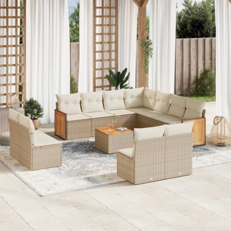 Ensemble modulaire de jardin 12 places en résine tressée beige avec coussins et table acacia (1/5)