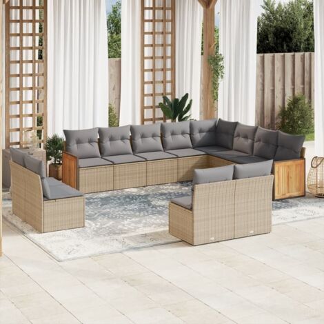 Salon de jardin modulaire en résine tressée beige, 12 places avec coussins gris (1/5)
