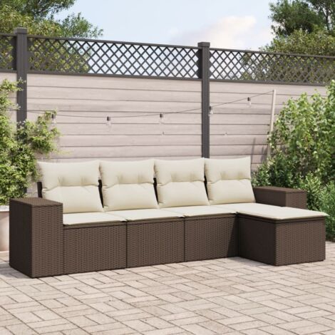 Ensemble Salon Jardin 5 Places Marron Résine Tressée avec Coussins Crème, Modulaire (1/3)