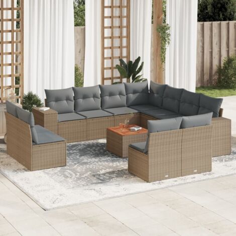 Ensemble Modulable Salon Jardin 12 Places Résine Tressée Beige Table Acacia et Coussins Gris (1/3)