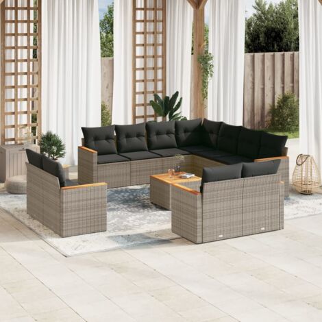 Ensemble de Jardin Gris Résine Tressée avec 12 Coussins, Table Acacia et Module de Rangement Salon d'Extérieur (1/5)