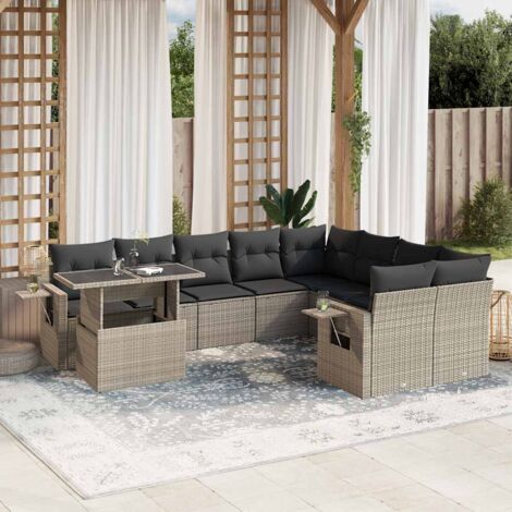 Salon de Jardin Modulaire 10 Pièces en Résine Tressée Gris Clair avec Coussins et Table Réglable (1/5)