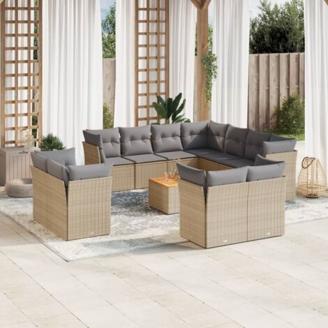 Ensemble Salon de Jardin 12 Pièces Modulable en Résine Tressée Beige avec Coussins Gris et Table en Acacia 55x55 cm (1/3)