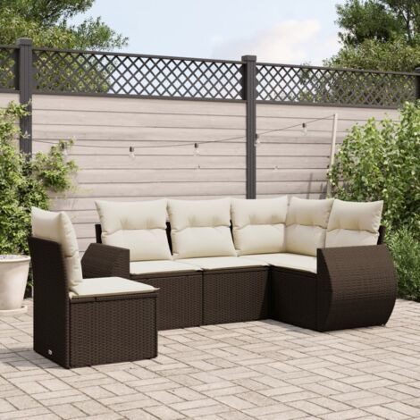 Salon de jardin modulaire 5 places en résine tressée marron avec coussins beige - 2 canapés avec accoudoirs + 1 angle + 2 sièges centraux (1/5)
