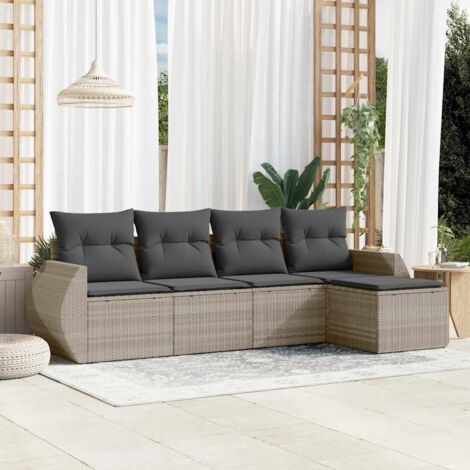 Ensemble Salon de Jardin 5 Places Résine Tressée Gris avec Coussins - Modulaire, Canapés + Pieds et Housses Lavables (1/5)