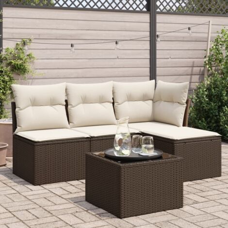 Ensemble de salon de jardin 5 pièces en résine tressée marron avec coussins crème et table verre trempé - Meubles terrasse (1/3)