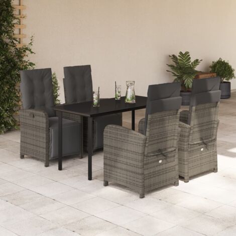 Ensemble salon de jardin en résine tressée gris avec coussins – 4 fauteuils inclinables et table en verre – 5 pièces (1/5)