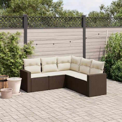 Salon de jardin 5 places en résine tressée marron - Ensemble canapé avec coussins, rangement et fonction modulaire (1/3)