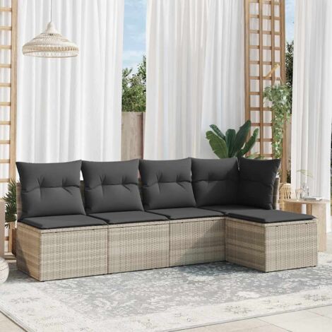 Ensemble de salon de jardin 5 pièces en résine tressée avec coussins gris clair - Tabouret, canapé d'angle et 3 sièges centraux (1/3)