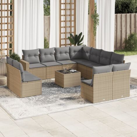 Salon de jardin en résine tressée beige 12 places avec coussins et table en verre trempé – Ensemble modulaire de rangement extérieur (1/3)