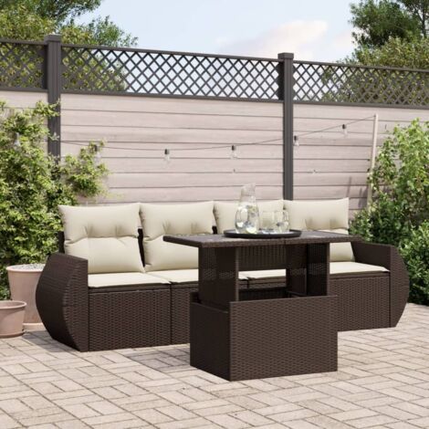 Canapé de Jardin 5 Places Modulable en Résine Tressée Marron avec Table à Hauteur Réglable et Coussins Amovibles (1/5)