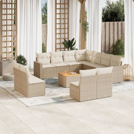 Ensemble de salon de jardin 12 places en résine tressée beige avec coussins, table en acacia et rangements (1/5)