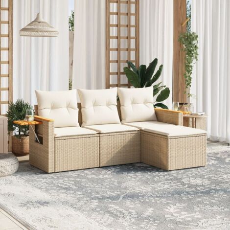Ensemble de jardin modulaire 4 places en résine tressée beige avec coussins blanc crème, rangement et table d'appoint en acacia (1/3)