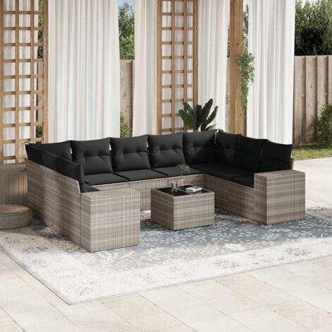 Ensemble de Salon Jardin Modulaire 10 Pièces Résine Tressée Gris Clair avec Coussins et Table Verre (1/5)