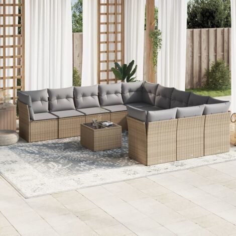 Ensemble salon de jardin 12 pièces rotin synthétique beige avec verre trempé, coussins gris lavables et rangement intégré (1/3)