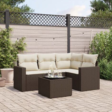 Ensemble de jardin modulaire 5 pièces marron résine tressée avec coussins blanc crème, table en verre et rangement (1/3)
