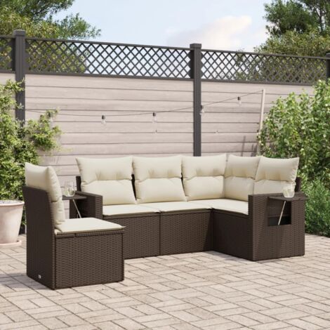 Set de Jardin en Résine Tressée Marron 5 Places avec 5 Coussins - Canapé d'Angle Modulaire avec Rangement et Table (1/3)