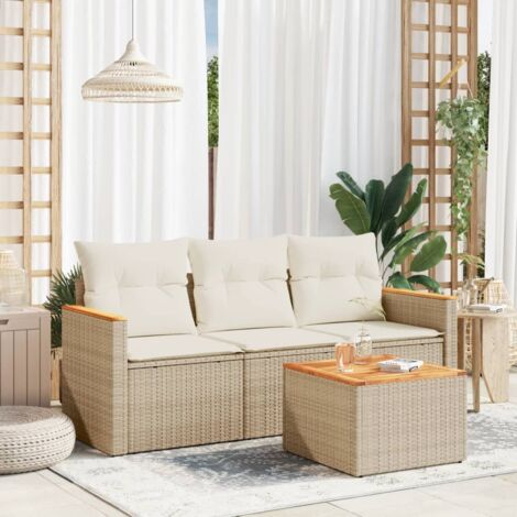 Ensemble de jardin 4 places en résine tressée beige avec coussins et table en acacia - Salon extérieur modulaire avec rangement (1/3)