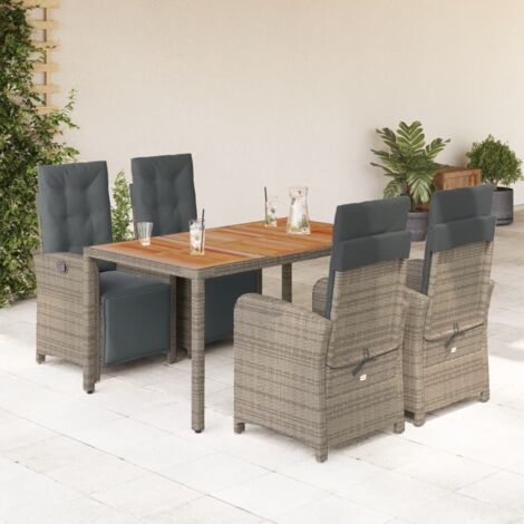 Ensemble de Table Jardin 5 Pièces en Résine Tressée Gris avec 8 Coussins et Table en Acacia - Chaise Réglable (1/5)