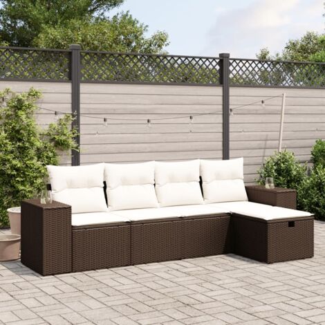 Canapé modulaire extérieur 5 places en résine tressée marron avec coussins crème et repose-pieds (1/4)
