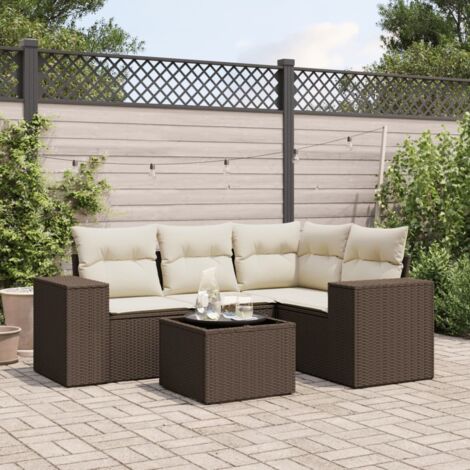 Salon de Jardin en Résine Tressée Marron - 5 Places avec Table en Verre Trempé et Coussins Crème - 100% Polyester (1/5)
