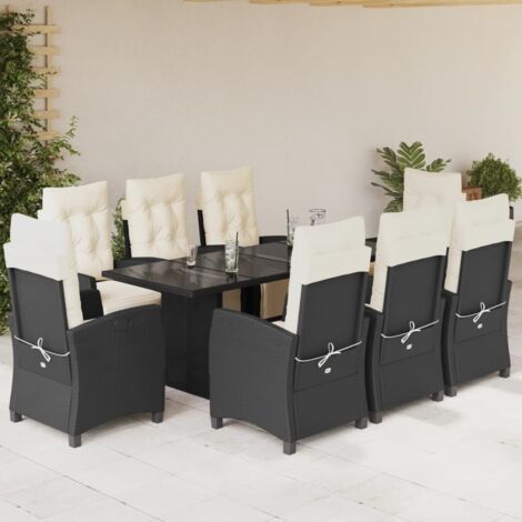 Ensemble de Jardin 9 Pièces en Résine Tressée Noir avec Table en Verre Trempé, 8 Chaises incl. Coussins Blancs Amovibles - Dimensions: Table 190x80 cm, Chaise Pliante Raccord (1/5)