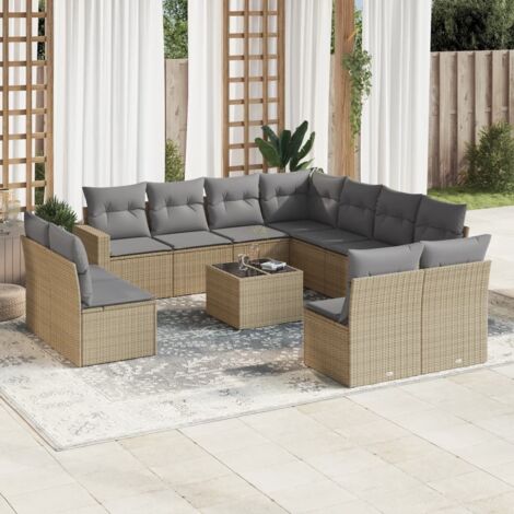 Ensemble canapé de jardin 12 places en résine tressée beige avec coussins gris et table en verre trempé (1/3)