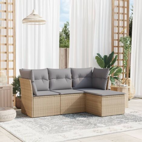 Salon de Jardin 4 Places en Résine Tressée Beige avec Coussins Gris, Modulaire, 110kg par Siège, Tabouret Inclus (1/3)