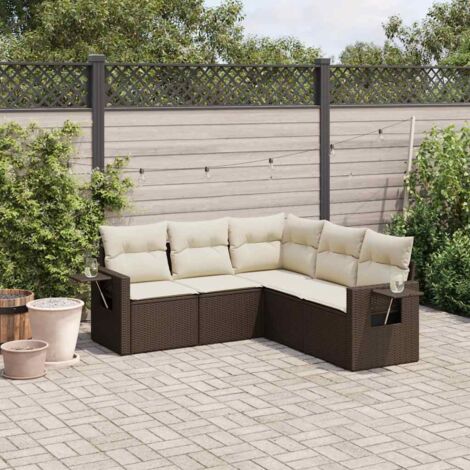 Salon de jardin 5 places en résine tressée marron - Canapés modulaires avec coussins lavables (1/5)