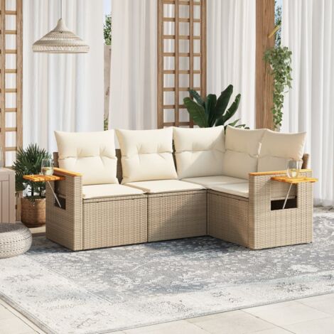 Ensemble de salon de jardin modulaire en résine tressée beige 4 places - 4 sièges d'angle avec accoudoirs en rotin et acacia, rangement intégré, table d'appoint et coussins (1/3)