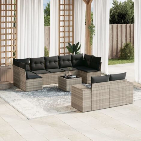 [Ensemble Salon Jardin Modulaire] + [SalonLuxe] + [Grand Canapé 10 Places] + [Gris, Résine Tressée, 9+11 Coussins, Table Verre, Stockage] (1/3)