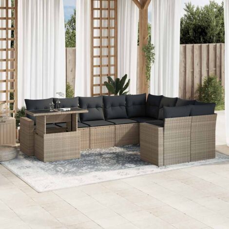 [Ensemble de jardin] Ensemble Salon 10 pièces en Résine Tressée Gris Clair avec Coussins Lavables et Table à Hauteur Réglable (1/5)