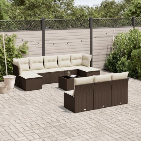 Ensemble Jardin Résine Tressée Marron 11 Pcs avec Coussins (1/5)